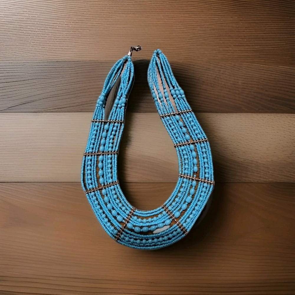 Vintage Luscious Turquoise Blue Glass Seed Bead Multi Strand Bib Necklace